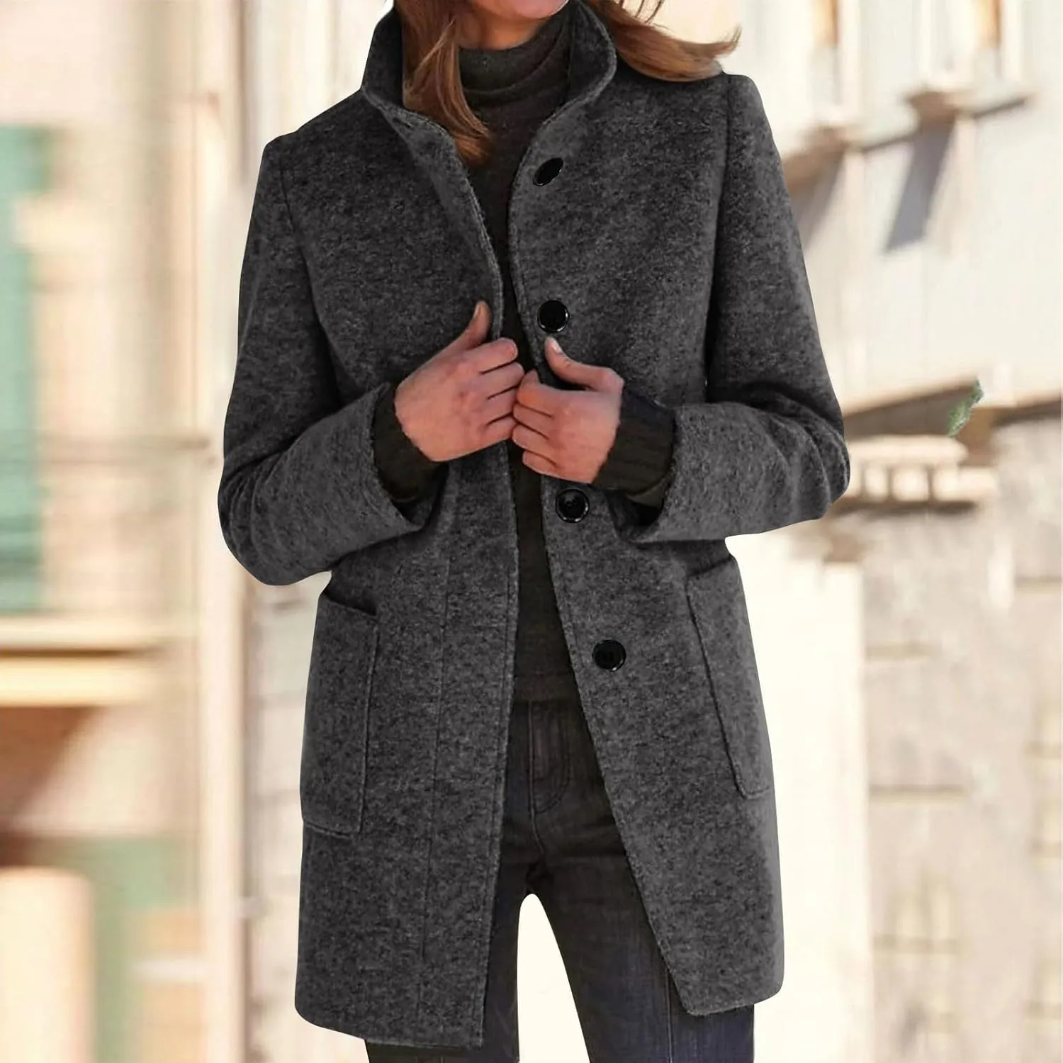 Peacoat Womens Coat Stand Collar Single Breasted Wool Coats Winter 2024 Trendy Long Coats Peacoat Blazer Jacket