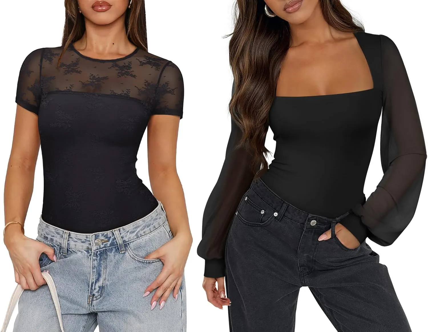 PINKMSTYLE Black Double Lined Mesh Bodysuits 2 Piece-Size of Medium