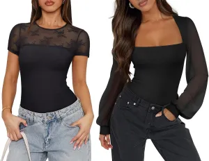 PINKMSTYLE Black Double Lined Mesh Bodysuits 2 Piece-Size of Medium