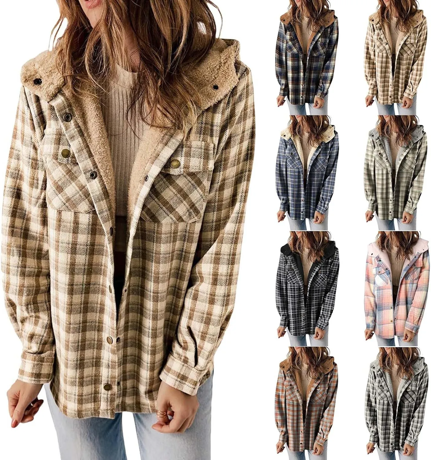 Plaid Jacket with Hood Women Button Down Long Sleeve Flannel Jackets Fleece Hooded Jacket Color Block Coat