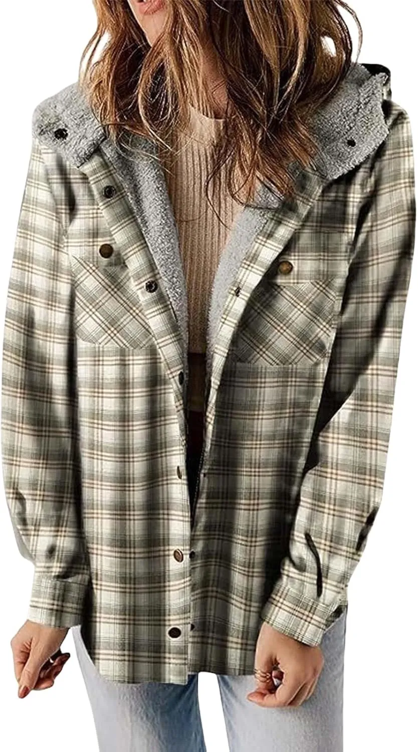 Plaid Jacket with Hood Women Button Down Long Sleeve Flannel Jackets Fleece Hooded Jacket Color Block Coat