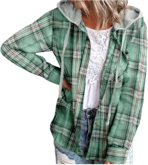 Plaid Jacket Women Flannel Shacket Casual Long Sleeve Hooded Jackets Lightweight Button Down Shirts