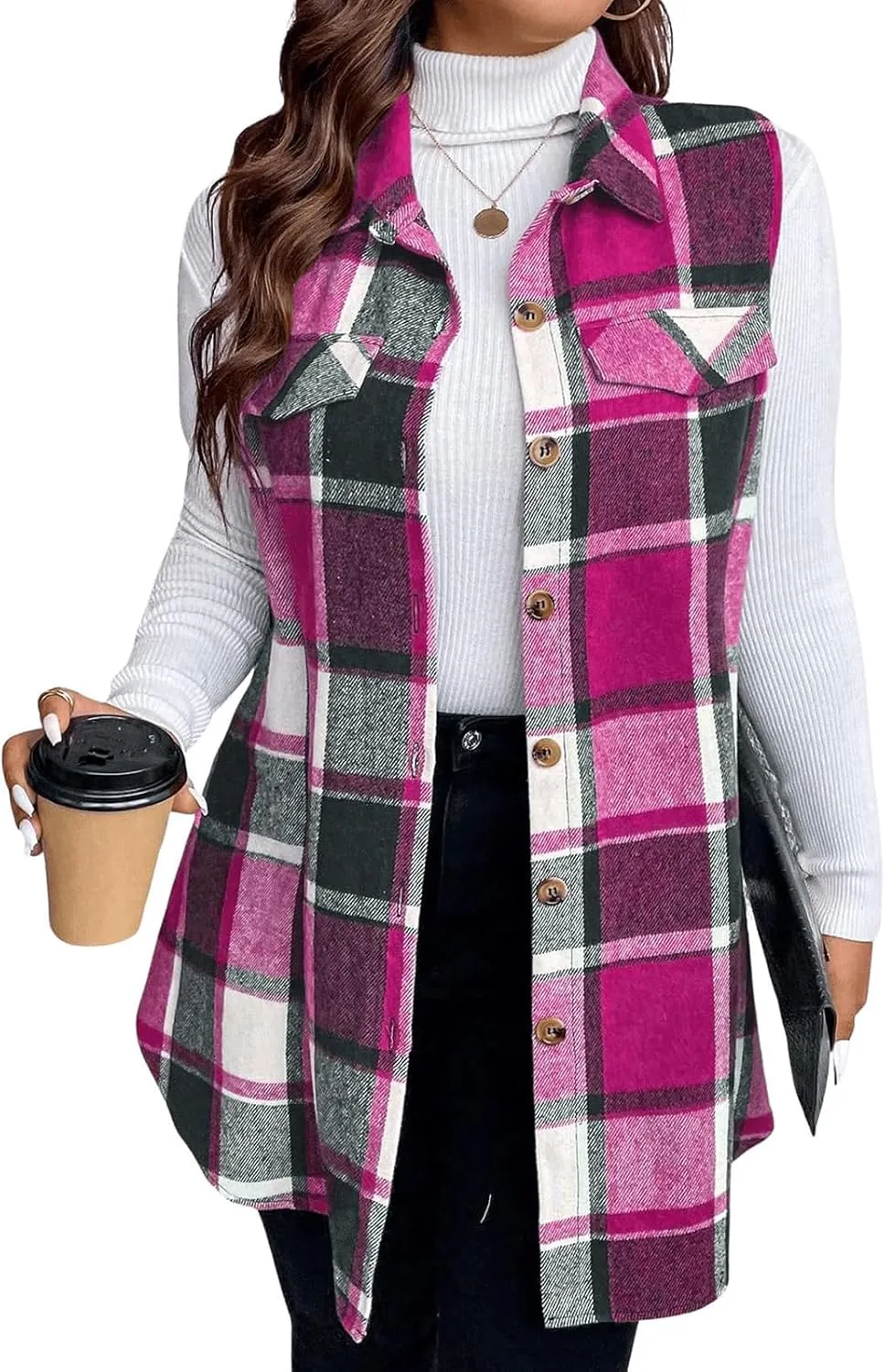 Plaid Vest for Women 2024 Trendy Casual Sleeveless Flannel Shirt Jacket Loose Lapel Button Down Coat with Pockets