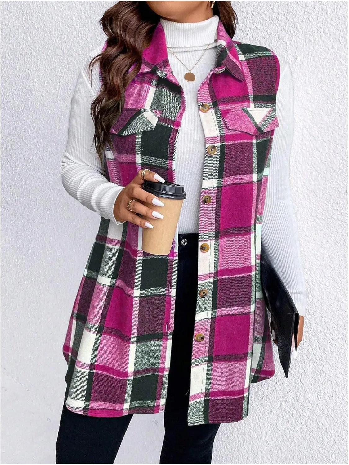Plaid Vest for Women 2024 Trendy Casual Sleeveless Flannel Shirt Jacket Loose Lapel Button Down Coat with Pockets