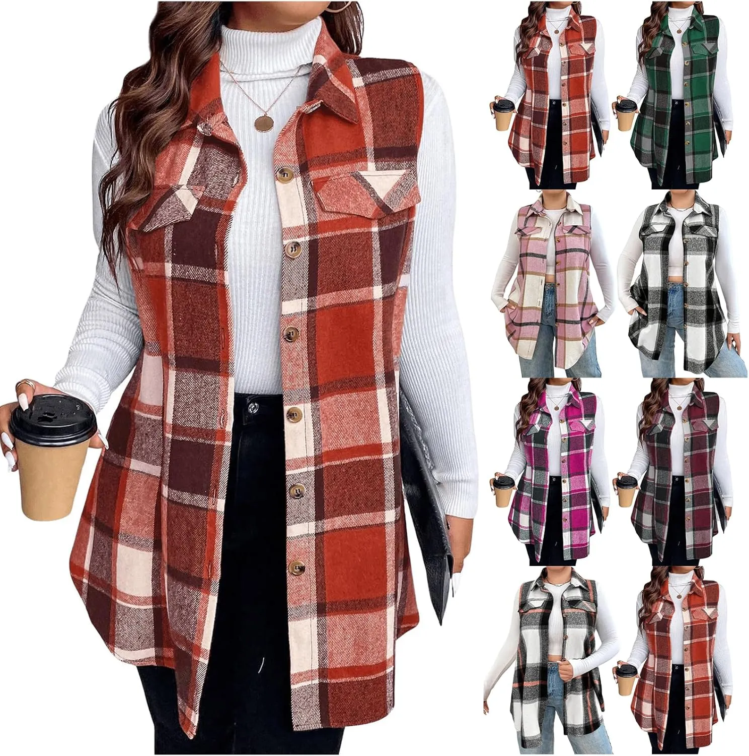 Plaid Vest for Women 2024 Trendy Casual Sleeveless Flannel Shirt Jacket Loose Lapel Button Down Coat with Pockets