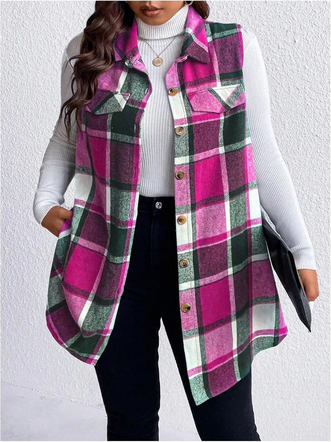 Plaid Vest for Women 2024 Trendy Casual Sleeveless Flannel Shirt Jacket Loose Lapel Button Down Coat with Pockets