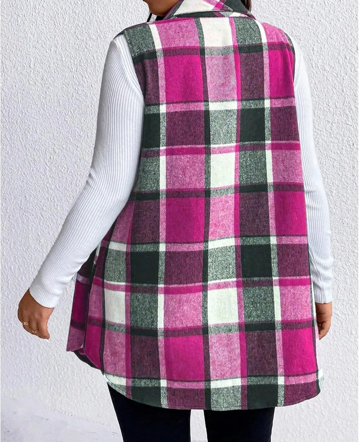 Plaid Vest for Women 2024 Trendy Casual Sleeveless Flannel Shirt Jacket Loose Lapel Button Down Coat with Pockets