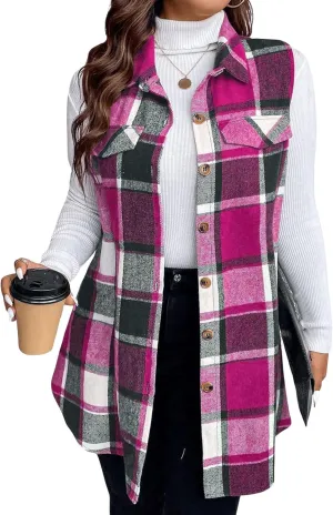 Plaid Vest for Women 2024 Trendy Casual Sleeveless Flannel Shirt Jacket Loose Lapel Button Down Coat with Pockets