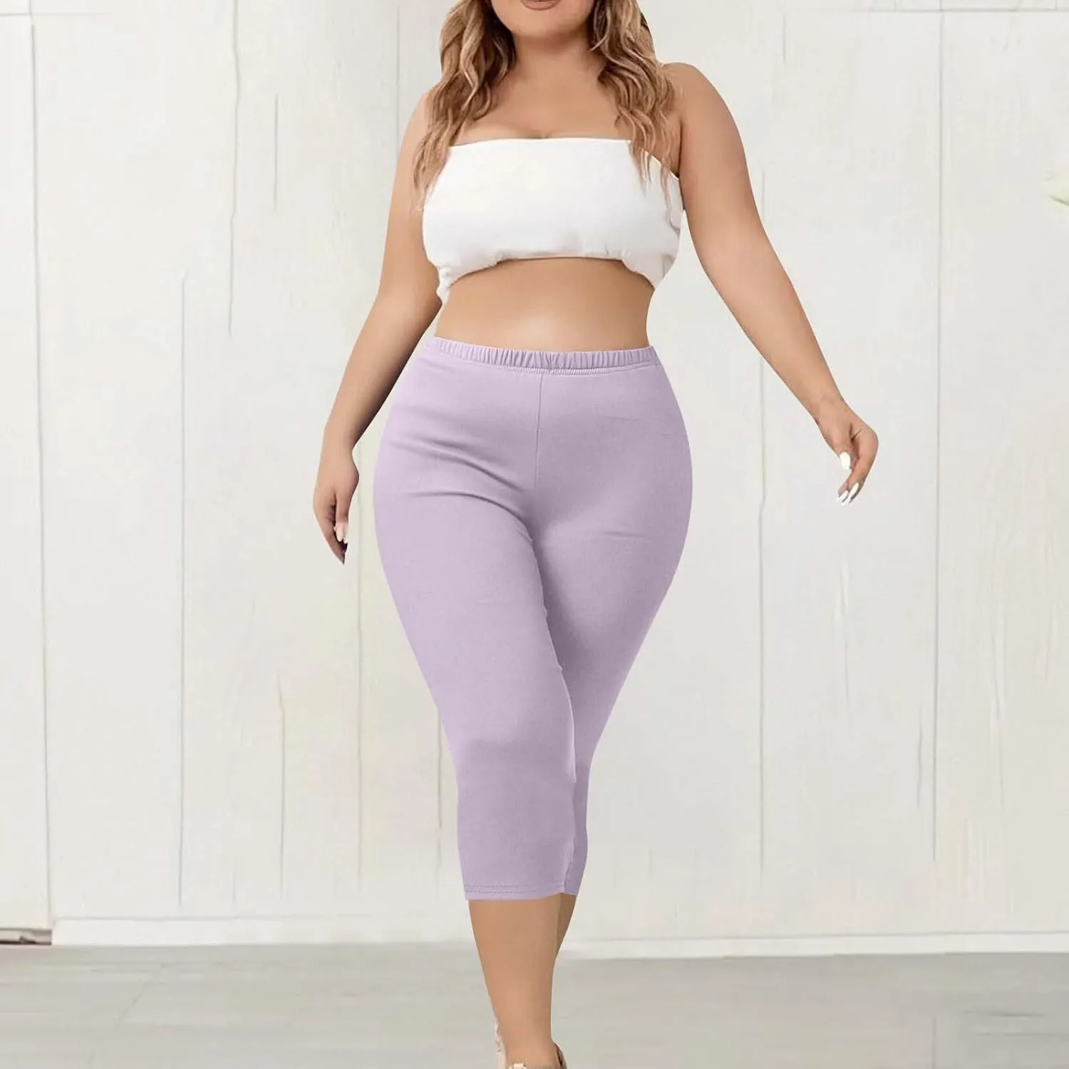 Plus Size Capri Pants for Women Pull-On Stretchy Elastic Waist Leggings Casual Yoga Workout Running Cropped Pants