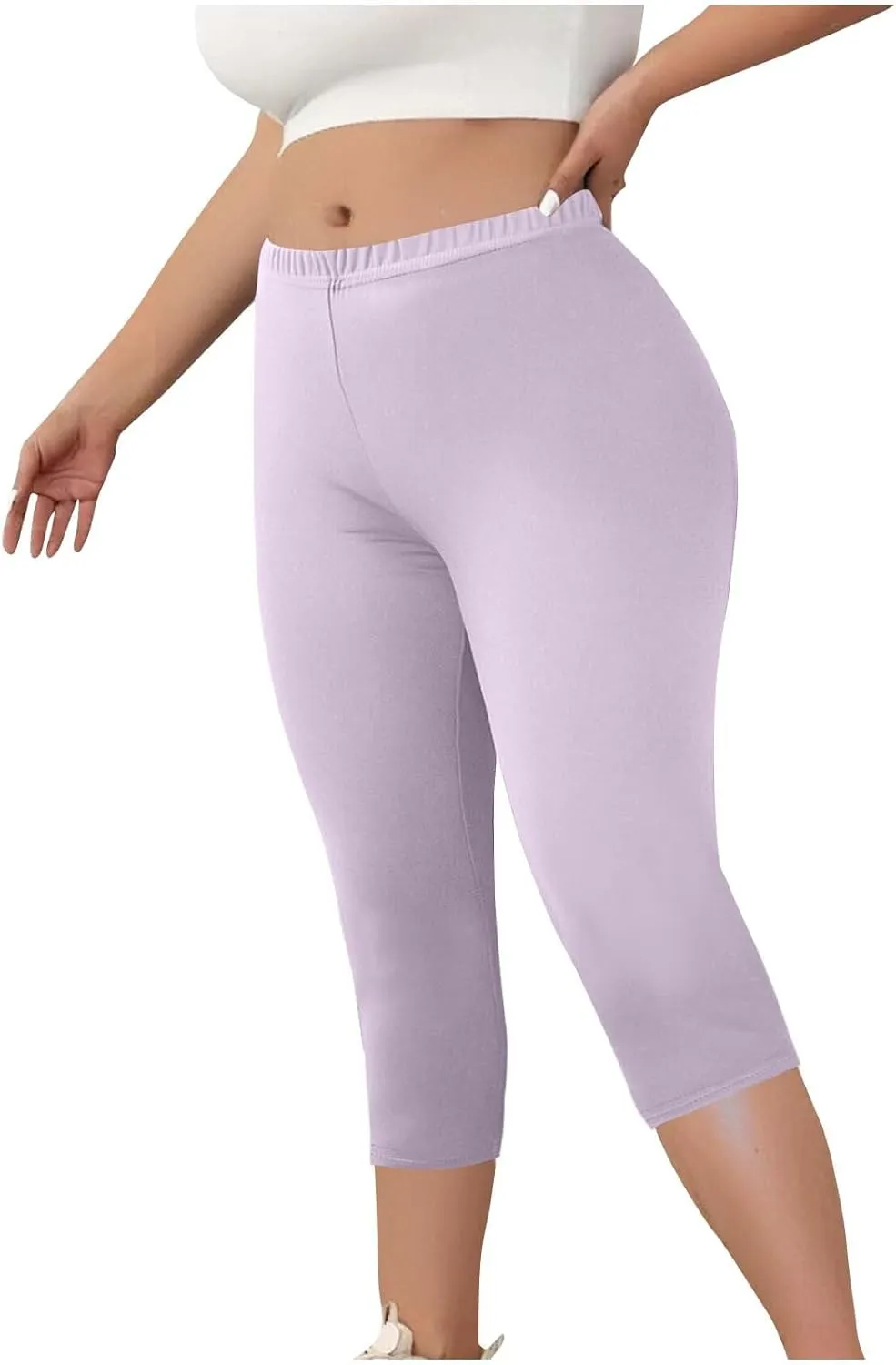 Plus Size Capri Pants for Women Pull-On Stretchy Elastic Waist Leggings Casual Yoga Workout Running Cropped Pants