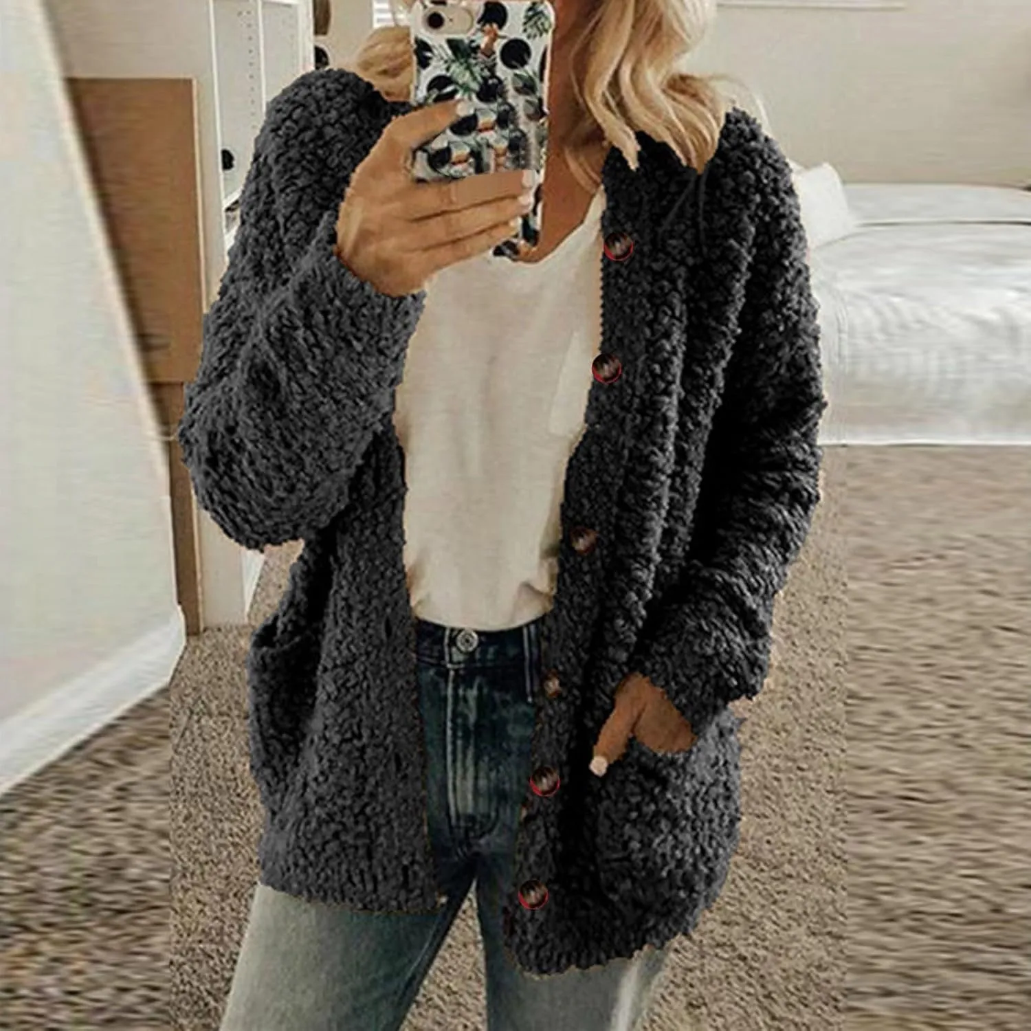 Plus Size Womens Open Front Cardigan Sweater Round Neck Button Down Warm Jacket Casual Soft Cozy Coat with Pocket