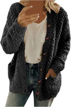 Plus Size Womens Open Front Cardigan Sweater Round Neck Button Down Warm Jacket Casual Soft Cozy Coat with Pocket