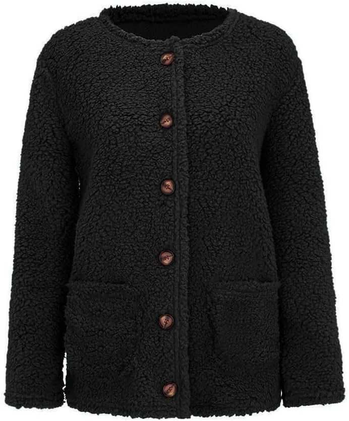 Plus Size Womens Open Front Cardigan Sweater Round Neck Button Down Warm Jacket Casual Soft Cozy Coat with Pocket