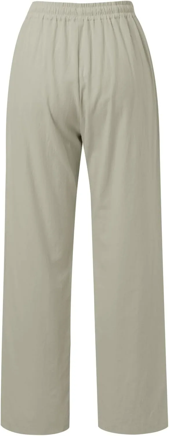 PTOLOCIF Linen Pants Women Summer,Drawstring Elastic Waist Pants Cotton Linen Tapered Pants Casual Travel Pants Trousers