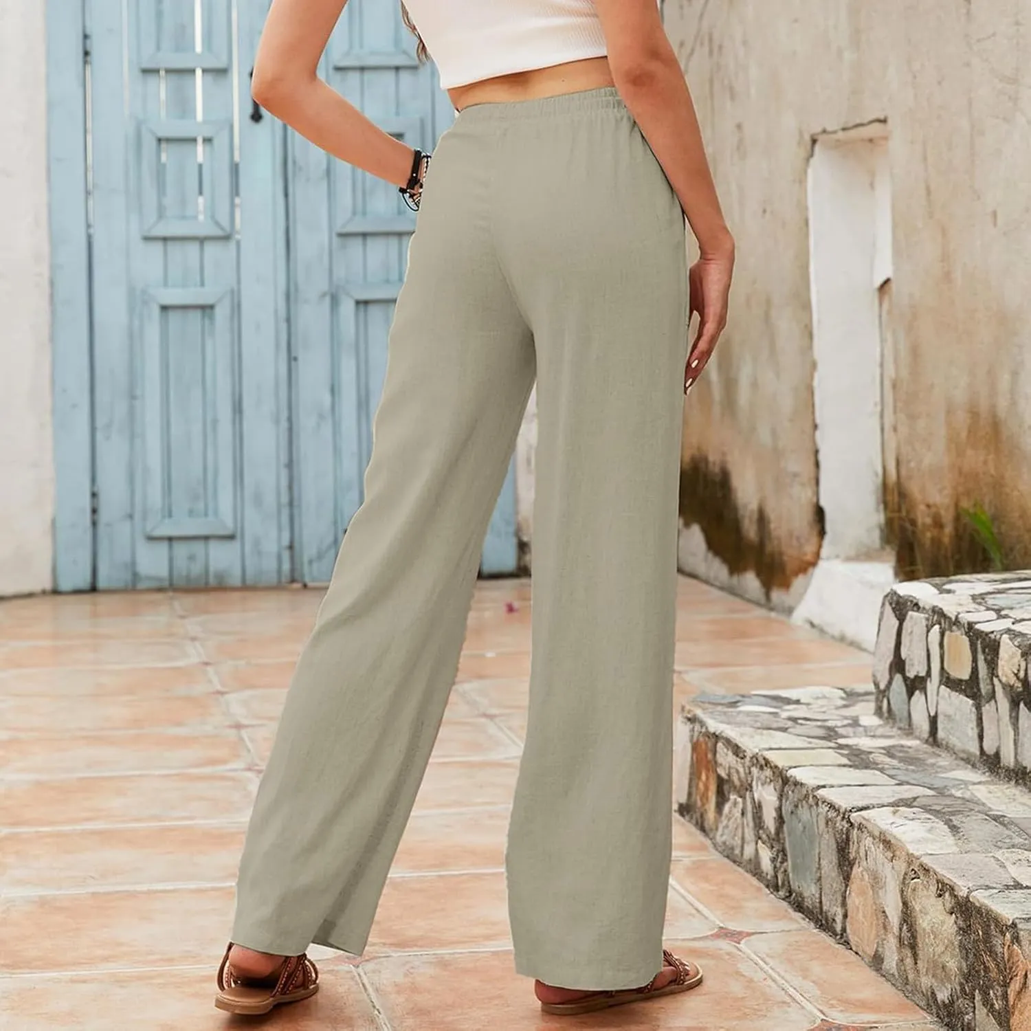PTOLOCIF Linen Pants Women Summer,Drawstring Elastic Waist Pants Cotton Linen Tapered Pants Casual Travel Pants Trousers