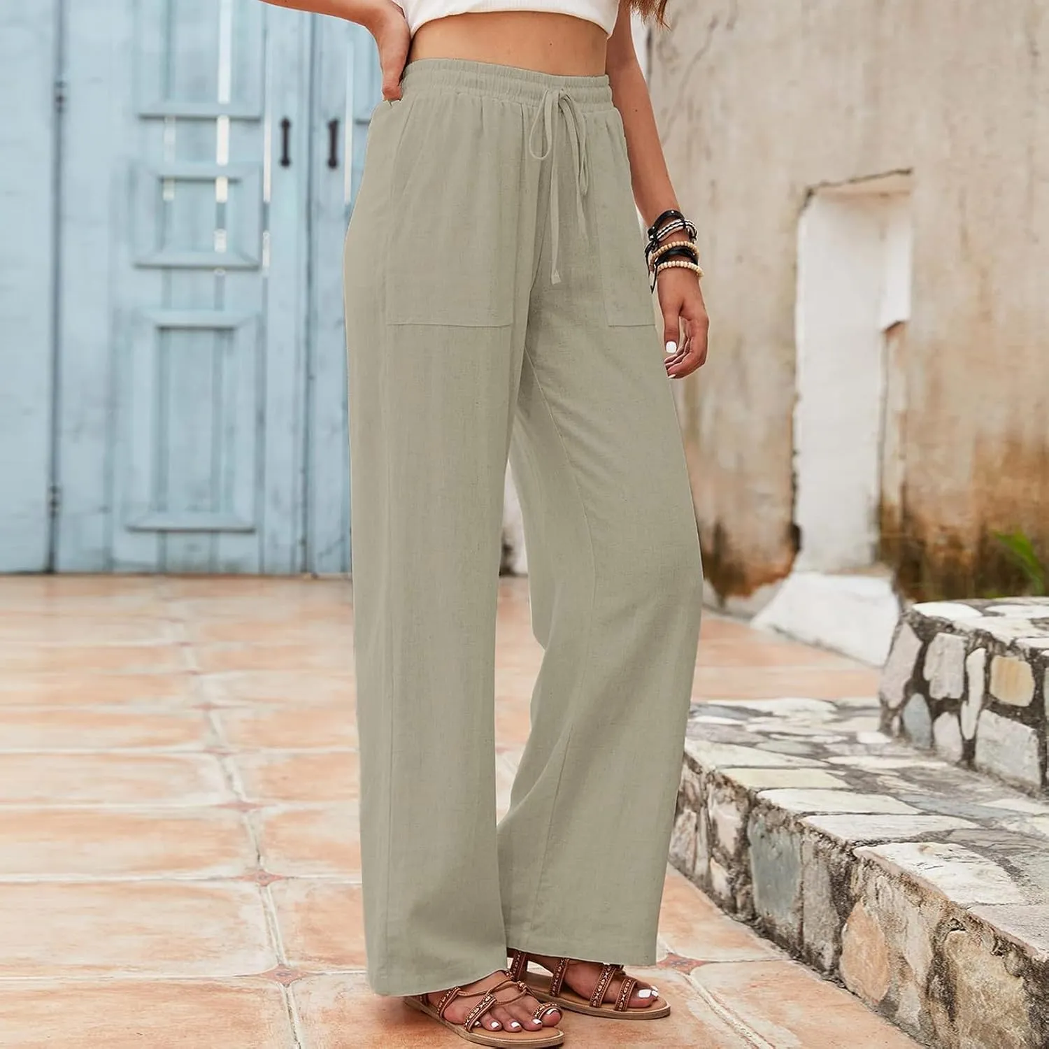 PTOLOCIF Linen Pants Women Summer,Drawstring Elastic Waist Pants Cotton Linen Tapered Pants Casual Travel Pants Trousers
