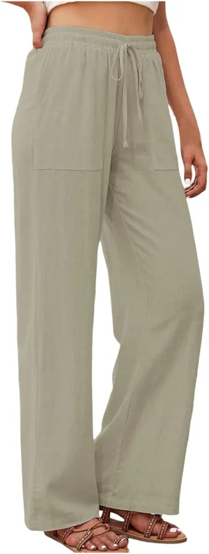 PTOLOCIF Linen Pants Women Summer,Drawstring Elastic Waist Pants Cotton Linen Tapered Pants Casual Travel Pants Trousers