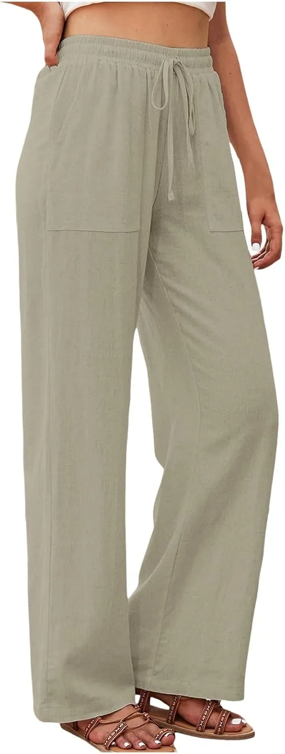 PTOLOCIF Linen Pants Women Summer,Drawstring Elastic Waist Pants Cotton Linen Tapered Pants Casual Travel Pants Trousers