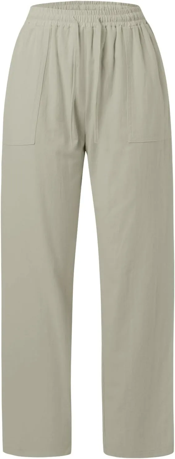 PTOLOCIF Linen Pants Women Summer,Drawstring Elastic Waist Pants Cotton Linen Tapered Pants Casual Travel Pants Trousers
