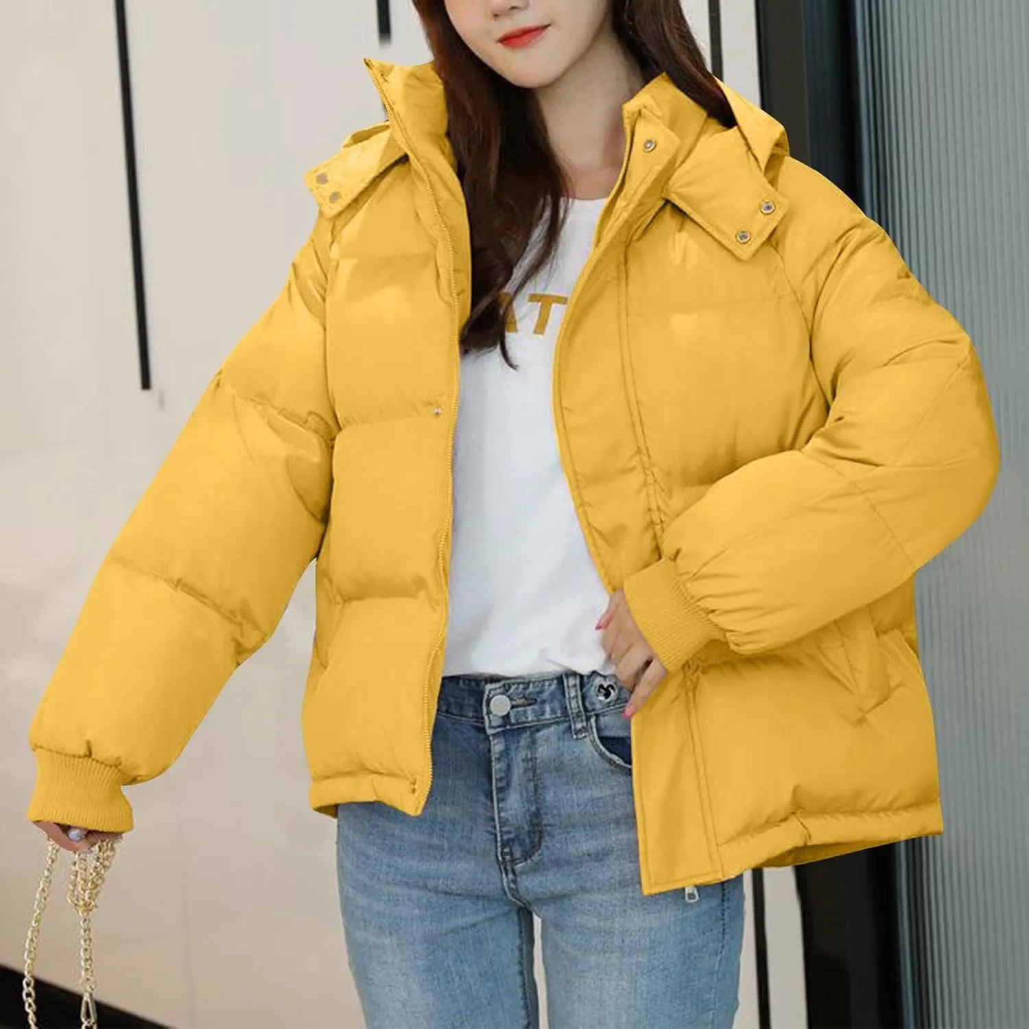Puffer Jacket for Women Trendy Zip Up Hooded Padded Down Coat Parkas 2024 Winter Warm Quilted Outerwear with Pockets