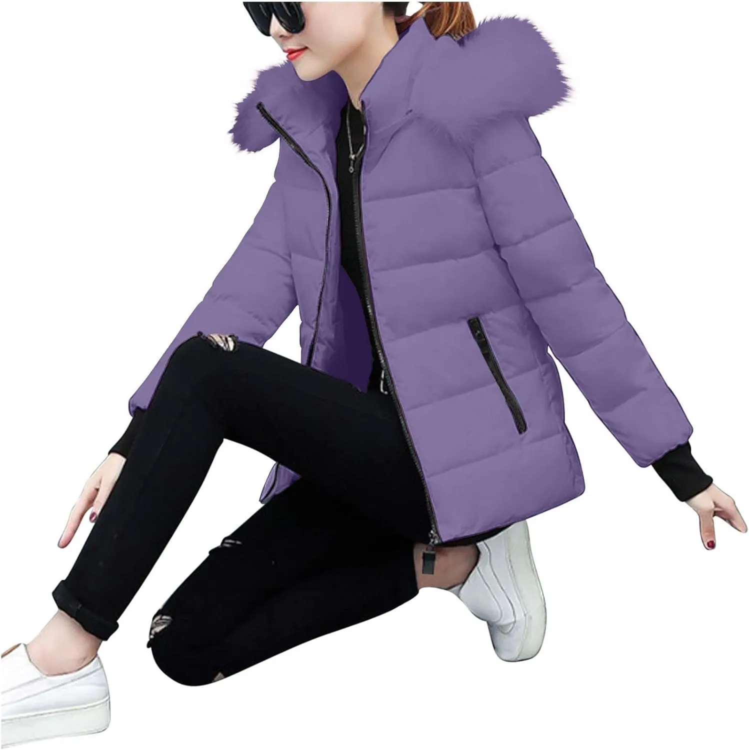 Puffer Jacket Women Plus Size Winter Coat Zip Up Quilted Jackets Warm Down Coats with Pockets Thicken Hooded Outwear