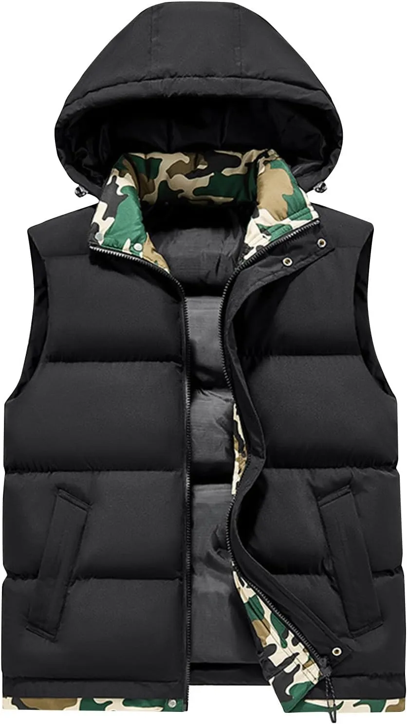 Puffer Vest with Hoodie Men Big and Tall Warm Vest Zip Up Sleeveless Jacket Lightweight Winter Vest with Pockets