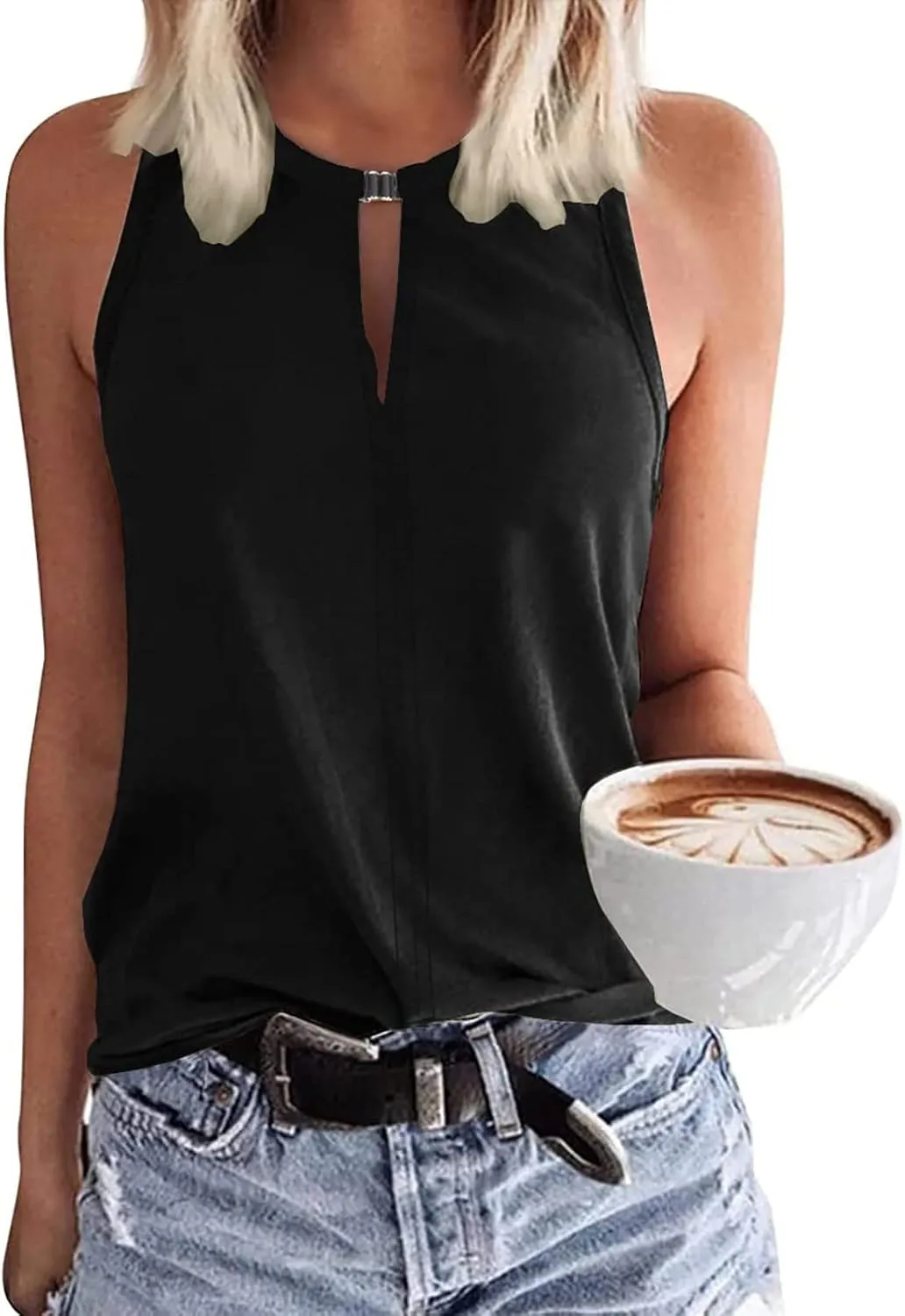 Racerback Tank Tops for Women Keyhole V Neck Sleeveless Halter Tanks Loose Fit Business Basic Shirt Blouse