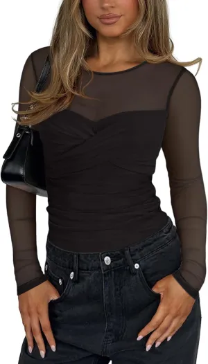 REORIA Women's Sexy Round Neck Long Sleeve Trendy Front Twist Knot Sheer Mesh Ruched Going Out Bodysuits Tops