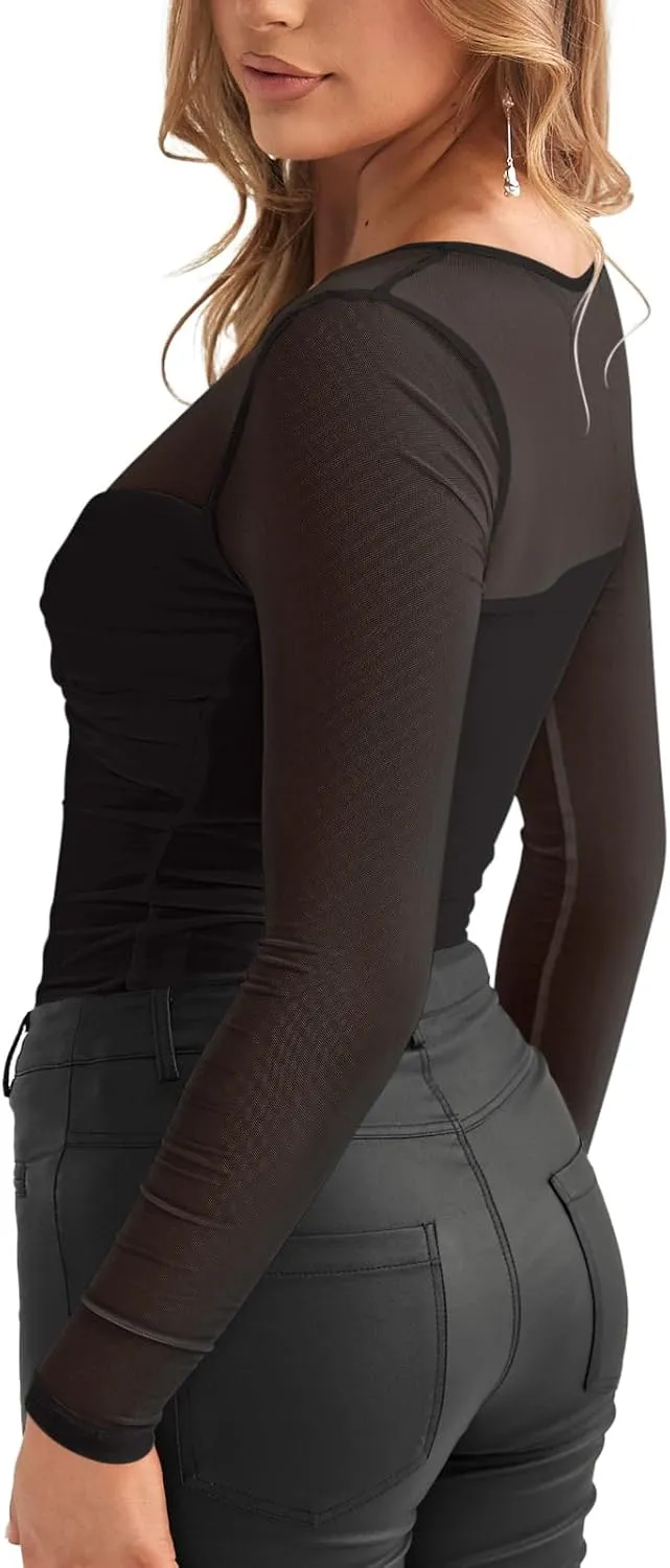 REORIA Women's Sexy Round Neck Long Sleeve Trendy Front Twist Knot Sheer Mesh Ruched Going Out Bodysuits Tops