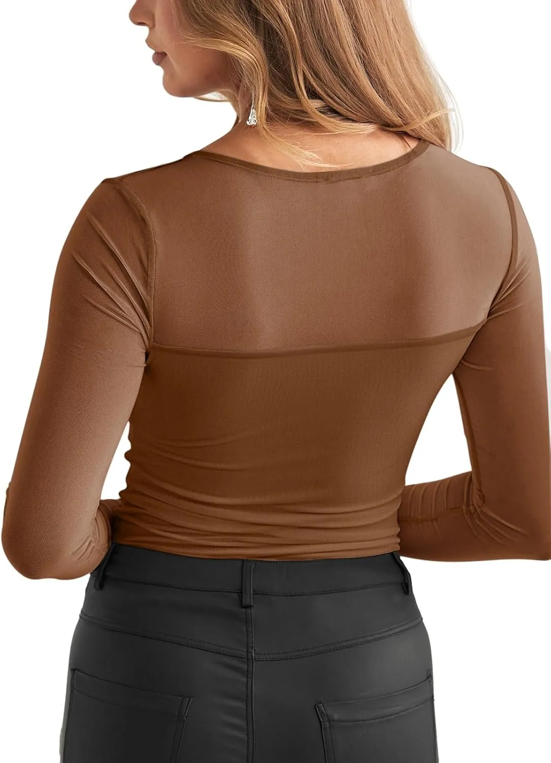 REORIA Women's Sexy Round Neck Long Sleeve Trendy Front Twist Knot Sheer Mesh Ruched Going Out Bodysuits Tops