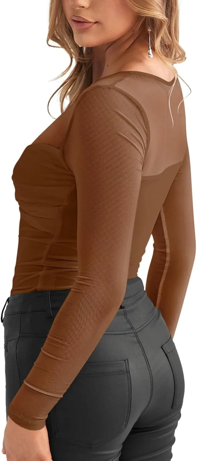 REORIA Women's Sexy Round Neck Long Sleeve Trendy Front Twist Knot Sheer Mesh Ruched Going Out Bodysuits Tops