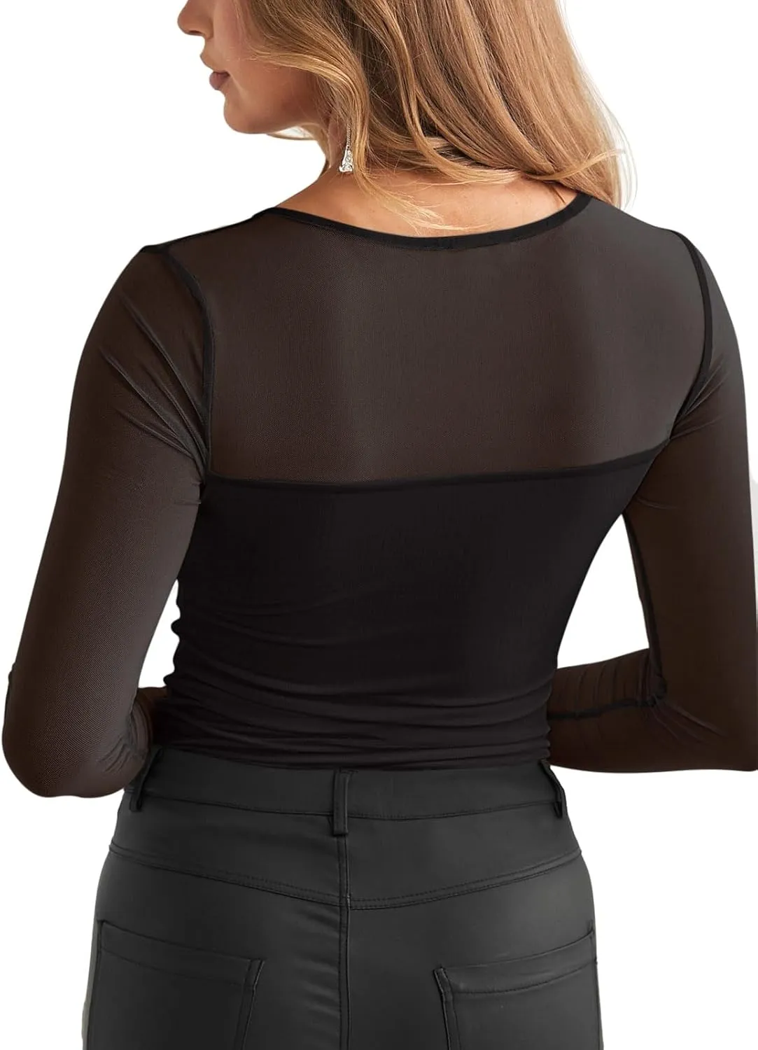 REORIA Women's Sexy Round Neck Long Sleeve Trendy Front Twist Knot Sheer Mesh Ruched Going Out Bodysuits Tops