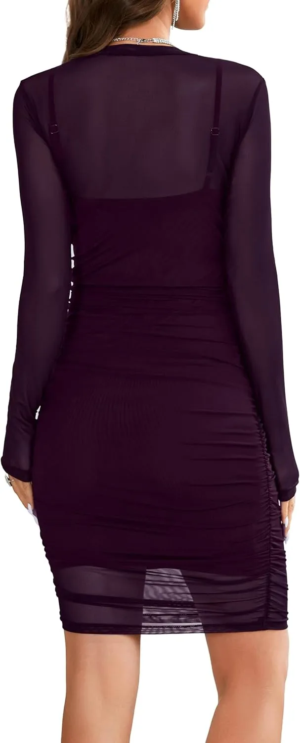 Rooscier Women's Sheer Mesh 2 Pcs Mock Neck Outfits Long Sleeve Ruched Bodycon Club Midi Dress