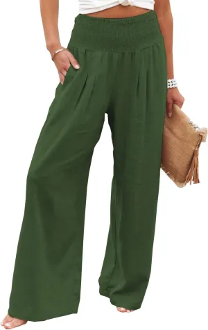 Ru Sweet Women High Waisted Cotton Linen Palazzo Pants Wide Leg Long Lounge Pant Trousers with Pocket