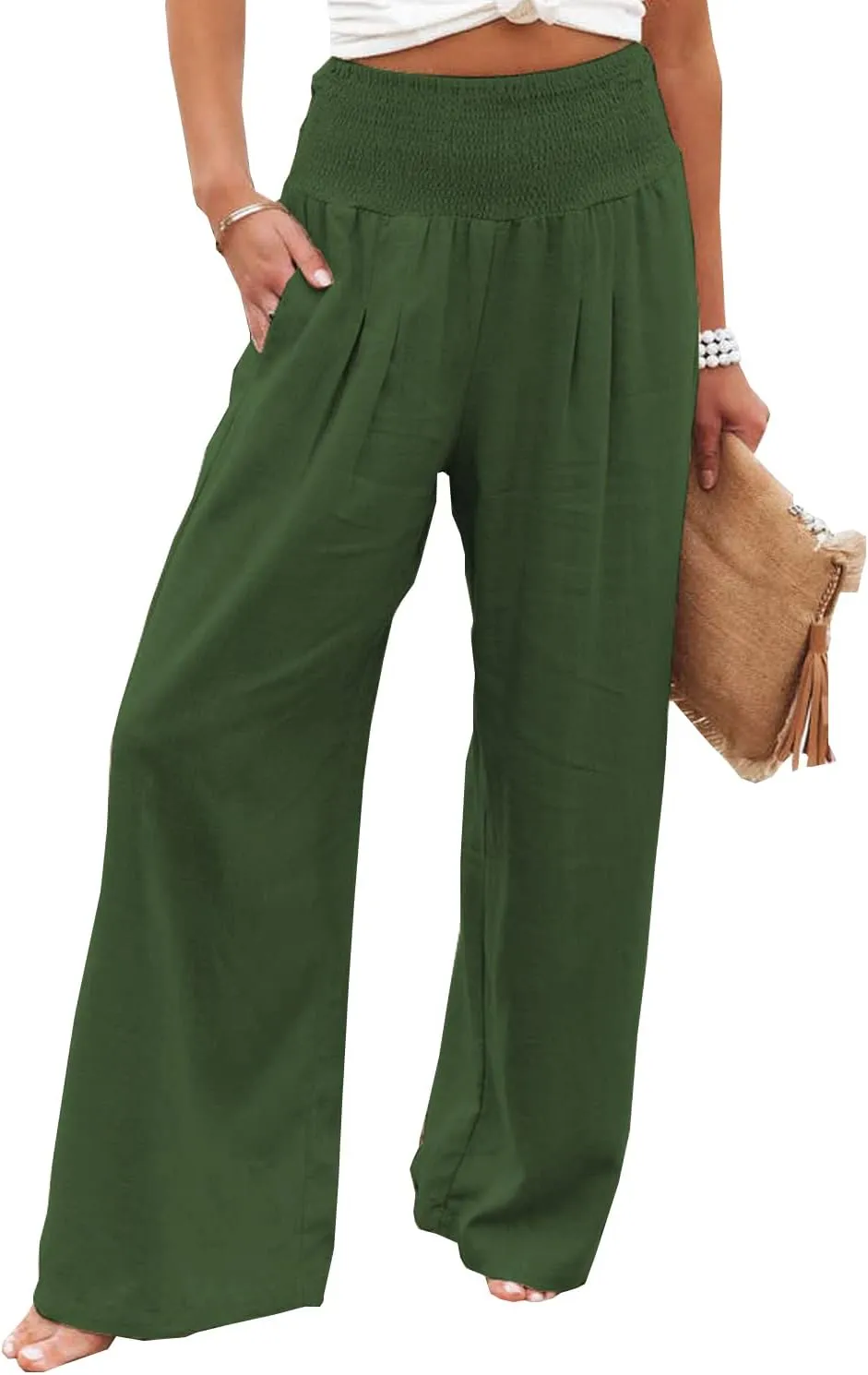 Ru Sweet Women High Waisted Cotton Linen Palazzo Pants Wide Leg Long Lounge Pant Trousers with Pocket