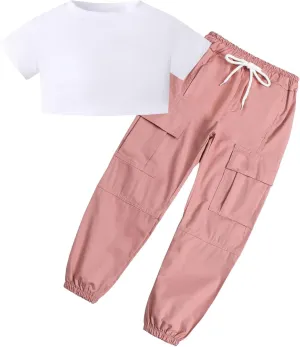 SANGTREE Girls' 2 Piece Outfits T-Shirt and Drawstring Cargo Jogger Pants Clothing Set, 4-14 Years