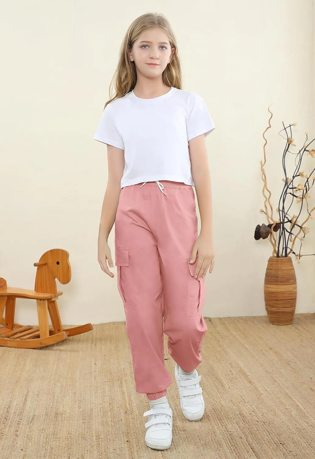 SANGTREE Girls' 2 Piece Outfits T-Shirt and Drawstring Cargo Jogger Pants Clothing Set, 4-14 Years