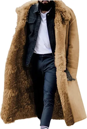 Shearling Long Coat Men Suede Sherpa Lined Long Jacke Winter Sheepskin Fleece Coat Fur Collar Jacket Trench Overcoat