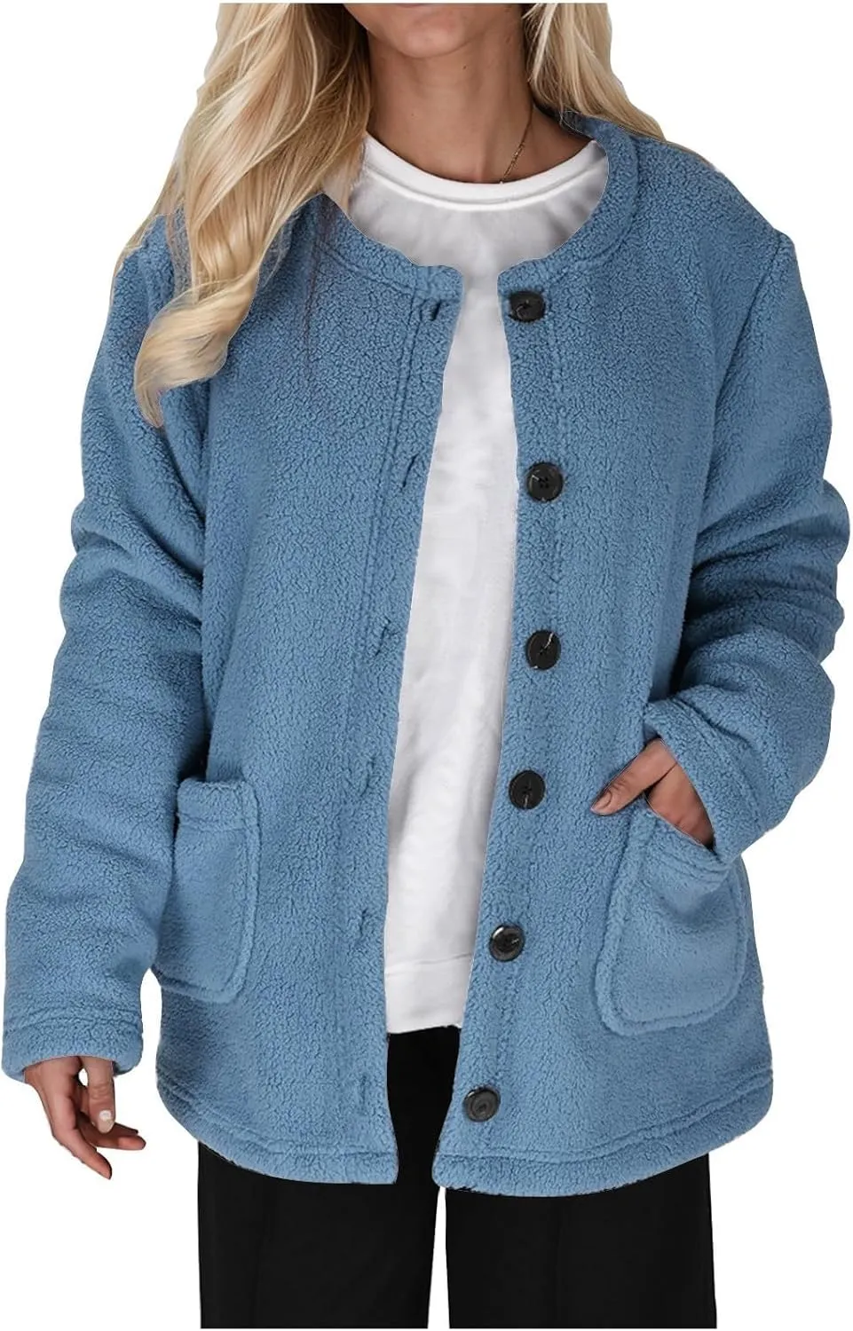 Sherpa Jacket Women Crewneck Button Up Winter Coats Long Sleeve Warm Fuzzy Fleece Jacket Outerwear with Pockets