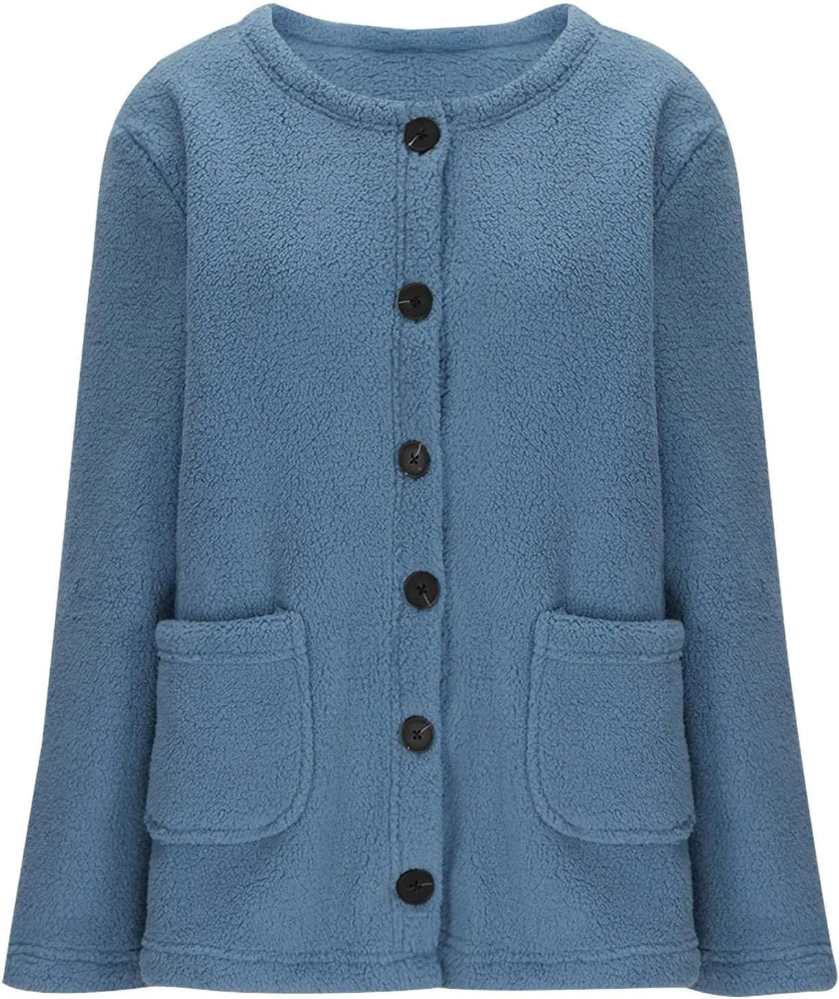 Sherpa Jacket Women Crewneck Button Up Winter Coats Long Sleeve Warm Fuzzy Fleece Jacket Outerwear with Pockets