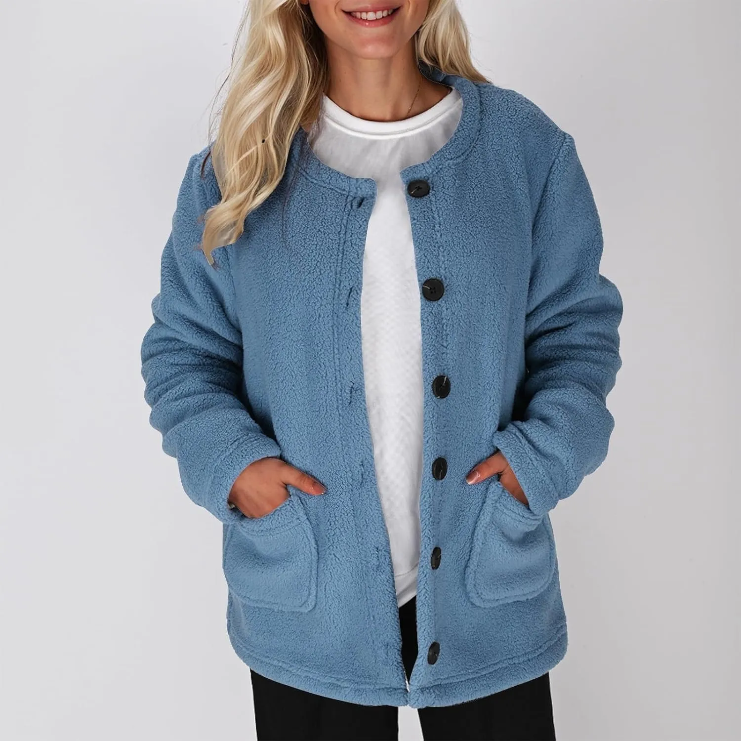 Sherpa Jacket Women Crewneck Button Up Winter Coats Long Sleeve Warm Fuzzy Fleece Jacket Outerwear with Pockets