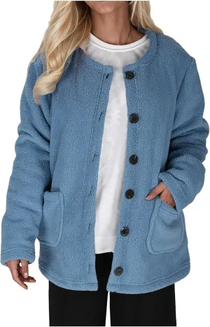 Sherpa Jacket Women Crewneck Button Up Winter Coats Long Sleeve Warm Fuzzy Fleece Jacket Outerwear with Pockets