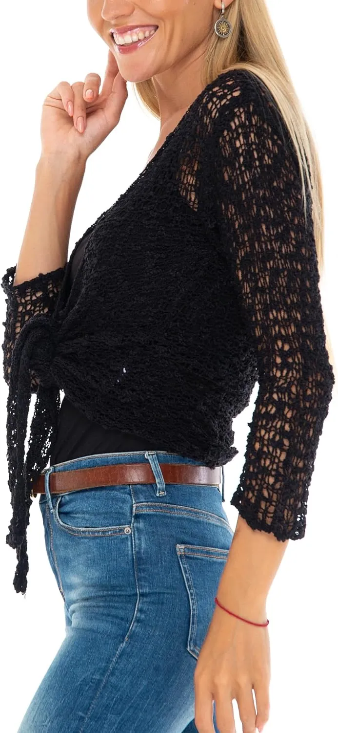 SHU-SHI Womens Cropped Cardigan Tie Front Knit Shrug Summer Open Weave Hollow Out Sweater