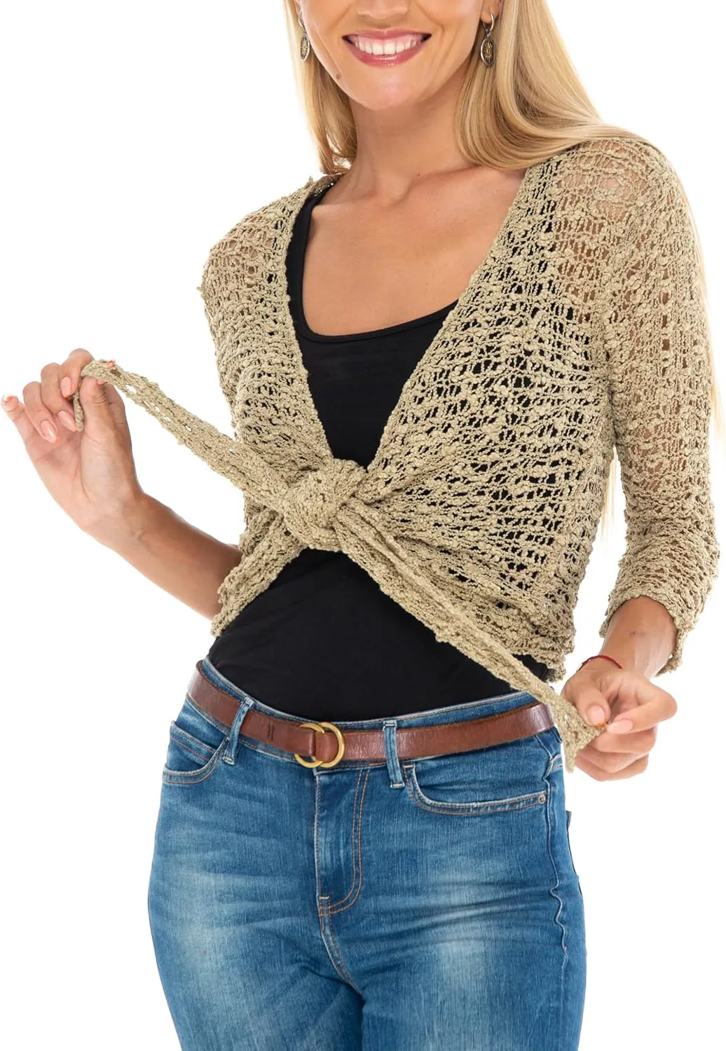 SHU-SHI Womens Cropped Cardigan Tie Front Knit Shrug Summer Open Weave Hollow Out Sweater
