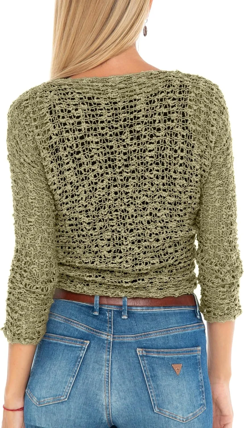 SHU-SHI Womens Cropped Cardigan Tie Front Knit Shrug Summer Open Weave Hollow Out Sweater