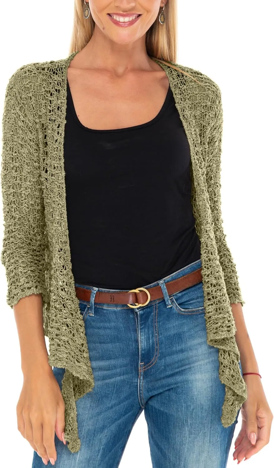 SHU-SHI Womens Cropped Cardigan Tie Front Knit Shrug Summer Open Weave Hollow Out Sweater