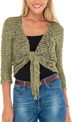 SHU-SHI Womens Cropped Cardigan Tie Front Knit Shrug Summer Open Weave Hollow Out Sweater