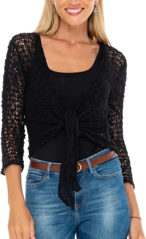 SHU-SHI Womens Cropped Cardigan Tie Front Knit Shrug Summer Open Weave Hollow Out Sweater