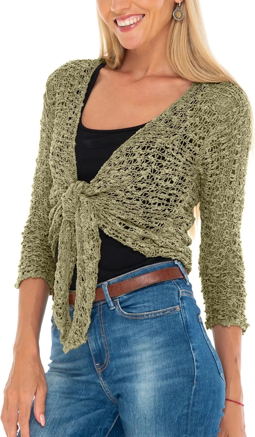 SHU-SHI Womens Cropped Cardigan Tie Front Knit Shrug Summer Open Weave Hollow Out Sweater
