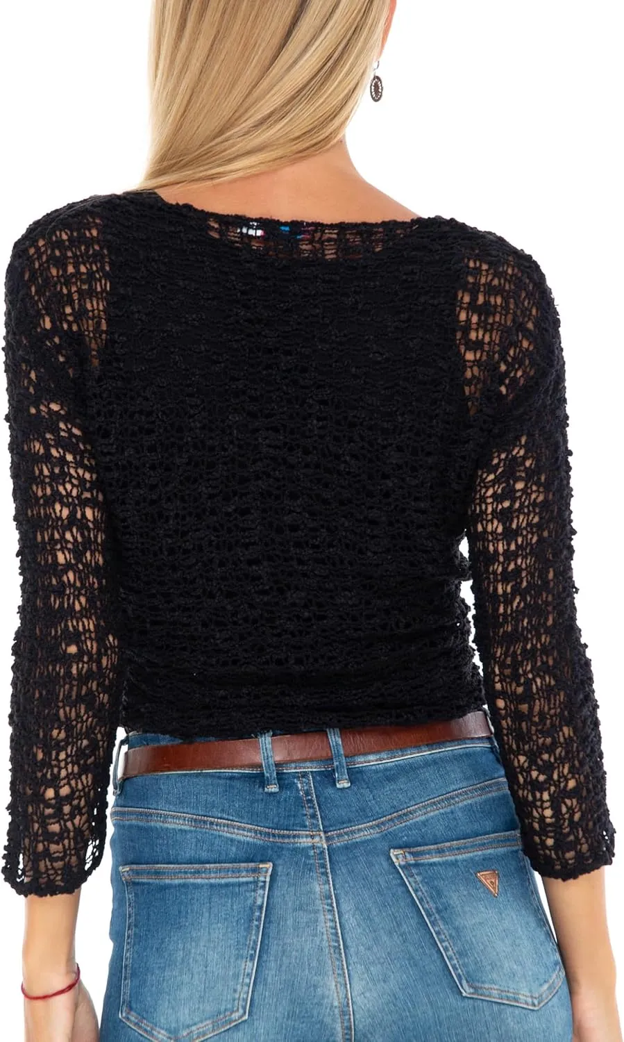 SHU-SHI Womens Cropped Cardigan Tie Front Knit Shrug Summer Open Weave Hollow Out Sweater